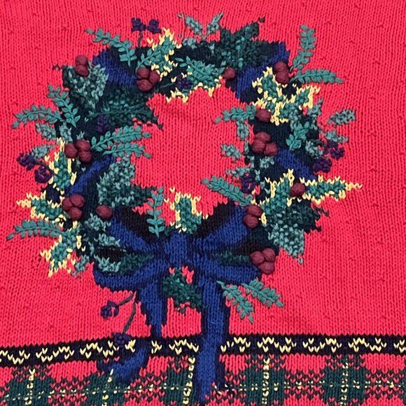 Robert Scott Turtleneck Sweater SZ Medium Red Christmas Wreath Hand Knit Vintage - Picture 3 of 10